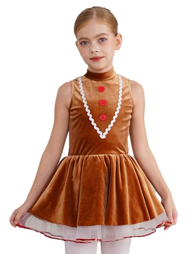 Miutii Mädchen Lebkuchenmann Kostüm Lebkuchen Kleid Samt Weihnachten Kleid mit Tutu Rock Ballettkleid Ballerina Latein Tanzkleid Braun 158-164 von Miutii