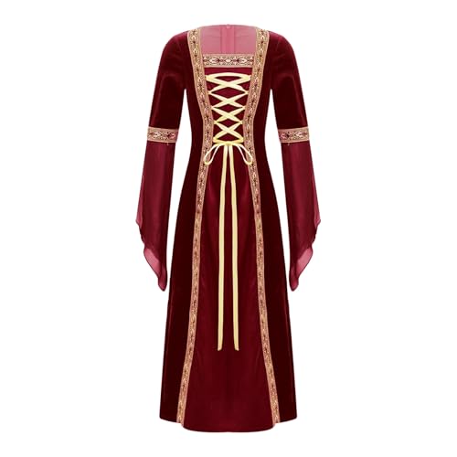 Miutii Mädchen Mittelalter Kleid Renaissance Kleid Gothic Kleid Vintage Samtkleid mit Trompetenärmel Halloween Karneval Fasching Partykleid Weinrot 134-140 von Miutii