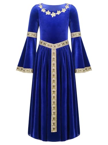 Miutii Mädchen Mittelalter Kleid Renaissance Kleid mit Trompetenärmel Gothic Kleid Vintage Samtkleid Festlich Partykleid Ballkleid Festkleid Blau 170-176 von Miutii