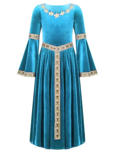 Miutii Mädchen Mittelalter Kleid Renaissance Kleid mit Trompetenärmel Gothic Kleid Vintage Samtkleid Festlich Partykleid Ballkleid Festkleid Hellblau 134-140 von Miutii