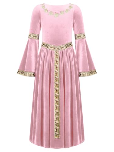 Miutii Mädchen Mittelalter Kleid Renaissance Kleid mit Trompetenärmel Gothic Kleid Vintage Samtkleid Festlich Partykleid Ballkleid Festkleid Rosa 134-140 von Miutii