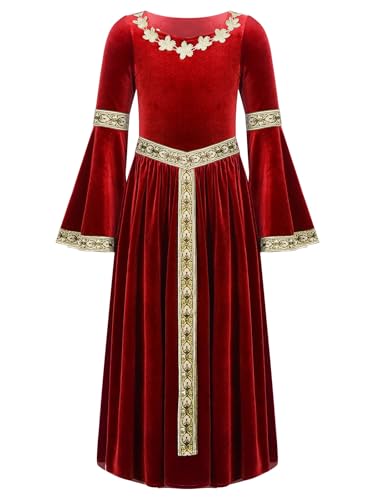 Miutii Mädchen Mittelalter Kleid Renaissance Kleid mit Trompetenärmel Gothic Kleid Vintage Samtkleid Festlich Partykleid Ballkleid Festkleid Rot 122-128 von Miutii
