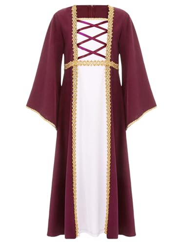 Miutii Mädchen Mittelalter Kleid mit Trompetenärmel Viktorianischen Renaissance Kleid Halloween Karneval Fasching Festlich Partykleid Weinrot 110-116 von Miutii