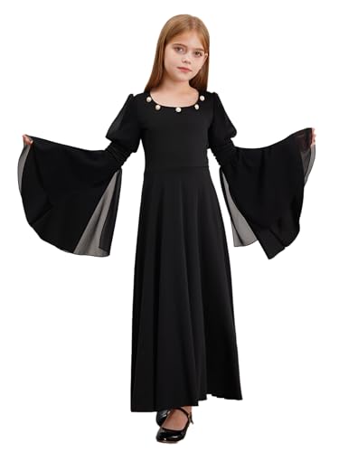 Miutii Mädchen Mittelalterliches Kleid Renaissance Prinzessin Kleid mit Trompetenärmel Vintage Retro Kleid Halloween Karneval Fasching Partykleid Schwarz 146-152 von Miutii