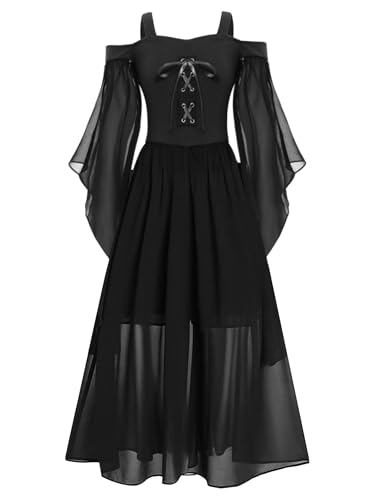 Miutii Mädchen Renaissance Kleid Viktorianischen Mittelalterliches Kleid Schulterfrei Steampunk Gothic Kleid Halloween Karneval Fasching Schwarz 134-140 von Miutii