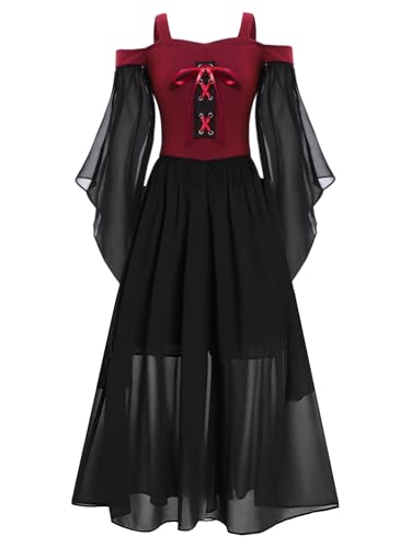 Miutii Mädchen Renaissance Kleid Viktorianischen Mittelalterliches Kleid Schulterfrei Steampunk Gothic Kleid Halloween Karneval Fasching Weinrot 146-152 von Miutii