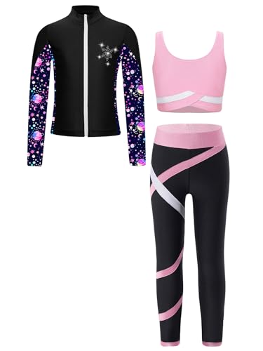 Miutii Mädchen Sport Set Trainingsanzug 3tlg. Sweatjacke + Sport BH Tops + Hose Leggings Eiskunstlauf Anzug Fitness Yoga Gym Jogginganzug Rosa 122-128 von Miutii