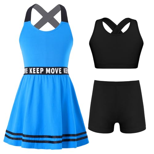 Miutii Mädchen Tennis Kleidung Tenniskleid mit Tank Tops Shorts Tennisanzug Golf Kleid Badminton Laufen Workout Sport Set Blau 122-128 von Miutii