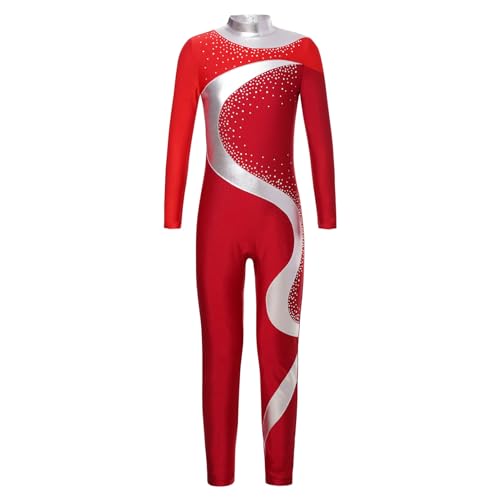 Miutii Mädchen Turnanzug Glitzer Gymnastikanzug Langarm Ballettanzug Farbblock Kinder Ganzkörper Trikot Eiskunstlauf Body Sport Overall Jumpsuit Rot&Weinrot 146-152 von Miutii