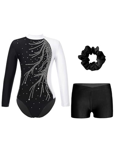 Miutii Mädchen Turnanzug Glitzer Gymnastikanzug mit Kurze Hose Haarband Langarm Ballettanzug Leotards Turntrikot Gymnastik Kleidung Tanzkostüm Weiß&Schwarz 134-140 von Miutii