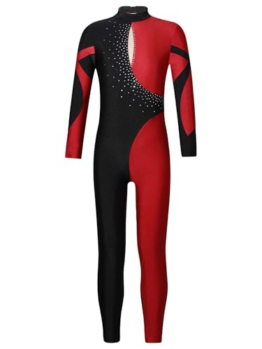 Miutii Mädchen Turnanzug Glitzer Langarm Gymnastikanzug Patchwork Ballettanzug Kinder Ganzkörper Trikot Eiskunstlauf Body Sport Overall Jumpsuit Weinrot 146-152 von Miutii