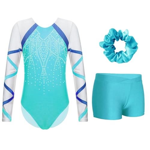 Miutii Mädchen Turnanzug Langarm Glitzer Gymnastikanzug mit kurze Hose und Haargummi Ballettanzug Gymnastik Leotard Tanzkostüm Blau Grün 134-140 von Miutii