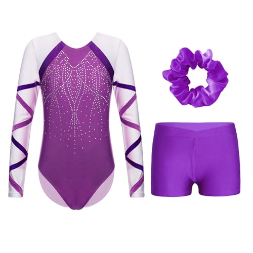 Miutii Mädchen Turnanzug Langarm Glitzer Gymnastikanzug mit kurze Hose und Haargummi Ballettanzug Gymnastik Leotard Tanzkostüm Lila 158-164 von Miutii