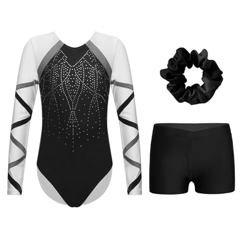 Miutii Mädchen Turnanzug Langarm Glitzer Gymnastikanzug mit kurze Hose und Haargummi Ballettanzug Gymnastik Leotard Tanzkostüm Schwarz 170-176 von Miutii