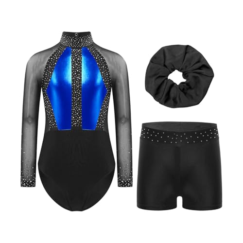 Miutii Mädchen Turnanzug Langarm Glitzer Gymnastikanzug mit kurze Hose und Haargummi Patchwork Ballettanzug Gymnastik Leotard Tanzkostüm Blau 158-164 von Miutii