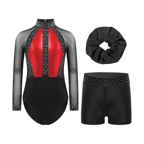 Miutii Mädchen Turnanzug Langarm Glitzer Gymnastikanzug mit kurze Hose und Haargummi Patchwork Ballettanzug Gymnastik Leotard Tanzkostüm Rot 122-128 von Miutii