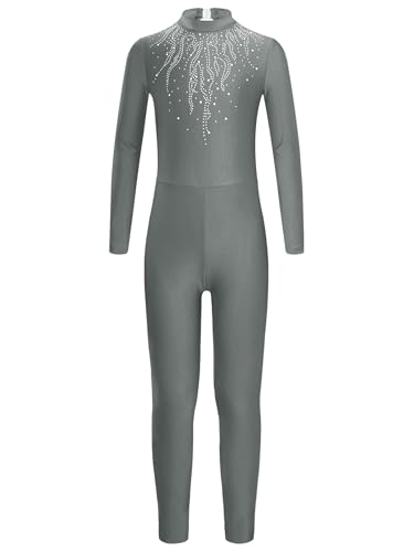 Miutii Mädchen Turnanzug Langarm Gymnastikanzug Glitzer Ballettanzug mit Strass Kinder Ganzkörper Trikot Eiskunstlauf Body Sport Overall Jumpsuit Grau 146-152 von Miutii