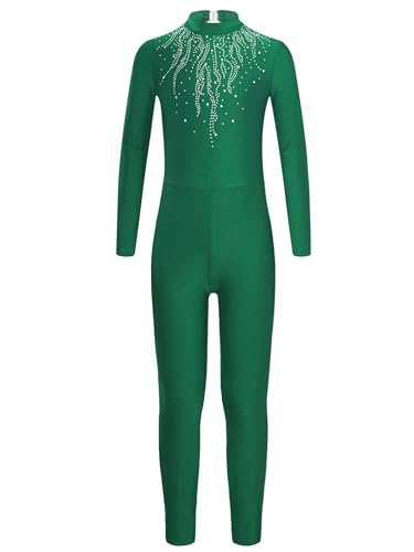 Miutii Mädchen Turnanzug Langarm Gymnastikanzug Glitzer Ballettanzug mit Strass Kinder Ganzkörper Trikot Eiskunstlauf Body Sport Overall Jumpsuit Grün 134-140 von Miutii