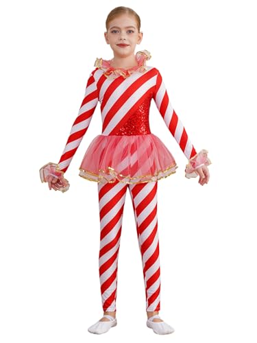 Miutii Mädchen Weihnachten Kostüm Zuckerstangen Streifen Body Overall Glitzer Turnanzug Gymnatik Leotard Trikotanzug Weihnachten Tanzkostüm Rot 134-140 von Miutii