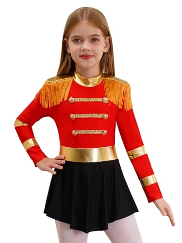 Miutii Mädchen Zirkus Kleid Langarm Zirkusdirektor Kleid mit Fransen Glitzer Tanzkleid Ringmaster Uniform Halloween Karneval Fasching Partykleid Rot 146-152 von Miutii