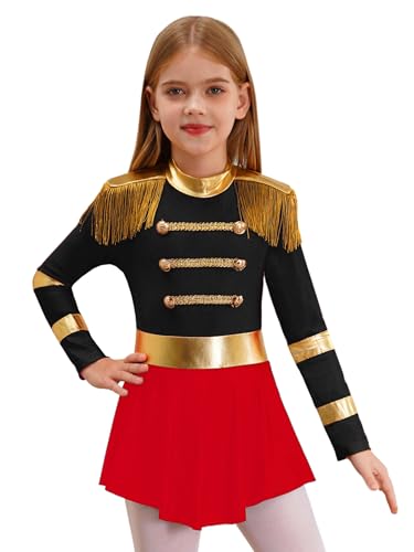 Miutii Mädchen Zirkus Kleid Langarm Zirkusdirektor Kleid mit Fransen Glitzer Tanzkleid Ringmaster Uniform Halloween Karneval Fasching Partykleid Schwarz 158-164 von Miutii