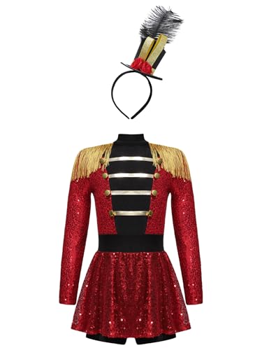 Miutii Mädchen Zirkus Kleid Zirkusdirektor Kostüm Langarm Pailletten Glitzer Kleid mit Hut Tanzkleid Halloween Karneval Fasching Partykleid Rot 170-176 von Miutii