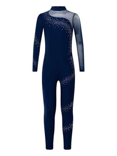 Miutii Turnanzug Mädchen Langarm Gymnastikanzug Glitzer Ballettanzug Kinder Ganzkörper Trikot Eiskunstlauf Body Sport Overall Jumpsuit Marine Blau 110-116 von Miutii