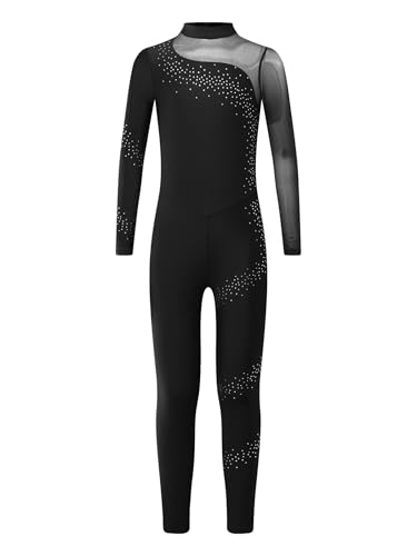 Miutii Turnanzug Mädchen Langarm Gymnastikanzug Glitzer Ballettanzug Kinder Ganzkörper Trikot Eiskunstlauf Body Sport Overall Jumpsuit Schwarz 146-152 von Miutii