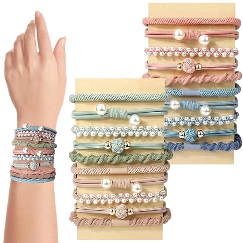 Mivanta 20 Stück elastische Perlen-Haargummis, Boho Haargummis mit Perlen für Damen & Mädchen, haargummis perlen Armbänder, glitzer haargummi beige für dickes & dünnes Haar, dehnbare Zopfgummis von Mivanta