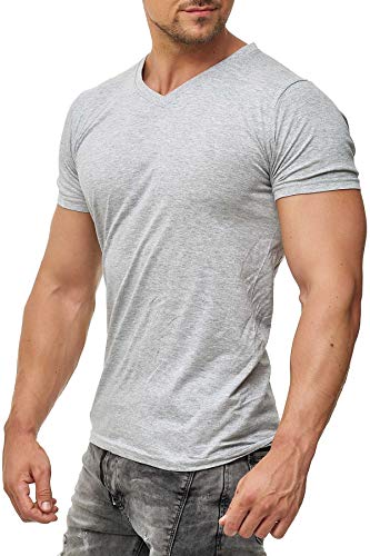 Herren T-Shirt V Ausschnitt aus feiner Baumwolle, Kurzarm, einfarbig, Größe:3XL, Farbe:Grau meliert von Mivaro