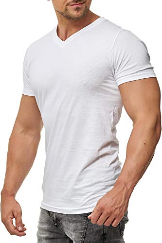 Herren T-Shirt V Ausschnitt aus feiner Baumwolle, Kurzarm, einfarbig, Größe:4XL, Farbe:Weiß von Mivaro