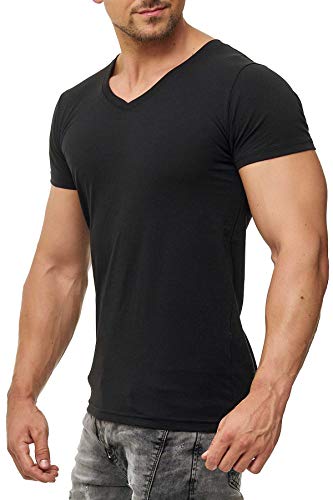 Herren T-Shirt V Ausschnitt aus feiner Baumwolle, Kurzarm, einfarbig, Größe:5XL, Farbe:Schwarz von Mivaro