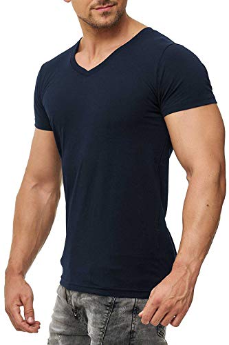 Herren T-Shirt V Ausschnitt aus feiner Baumwolle, Kurzarm, einfarbig, Größe:S, Farbe:Dunkelblau von Mivaro