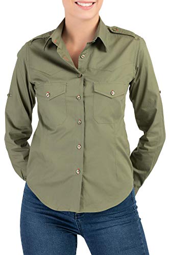 Mivaro Damen Safarihemd, Safaribluse mit Brusttaschen, Arbeitshemd, Größe:L, Farbe:Grün von Mivaro