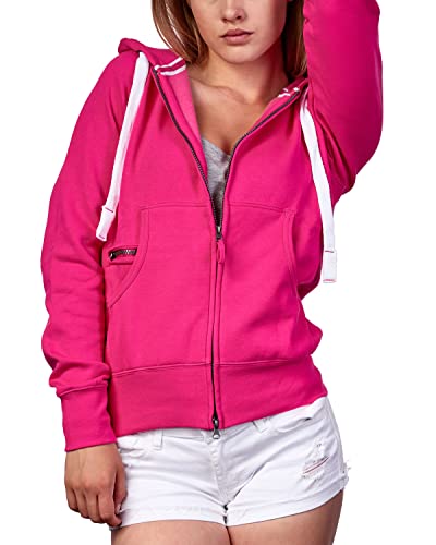 Mivaro Damen Sweatjacke Winter Sweatshirt mit langem Reißverschluss Kapuzenjacke Basic Sweatshirtjacke, Größe:L, Farbe:Pink von Mivaro