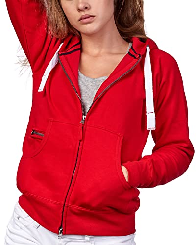 Mivaro Damen Sweatjacke Winter Sweatshirt mit langem Reißverschluss Kapuzenjacke Basic Sweatshirtjacke, Größe:M, Farbe:Rot von Mivaro