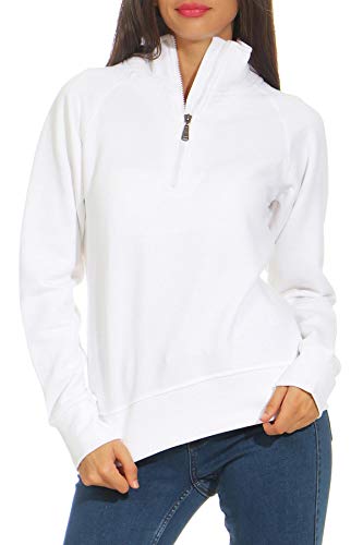 Mivaro Damen Troyer Pullover halber Reißverschluss ohne Kapuze mit Stehkragen, 1/4 Zip, Größe:M, Farbe:Weiß von Mivaro