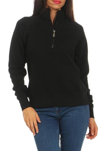 Mivaro Damen Troyer Pullover Schwarz mit Reißverschluss in Größe XL - Fleece gefütterter Sweatpullover mit Stehkragen - Perfekter Begleiter für Übergangszeit Alltag oder Sport von Mivaro
