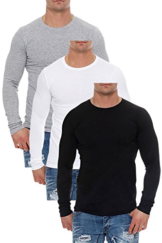 Mivaro Herren Langarmshirts mit Rundhals-Ausschnitt, Longsleeves für Sport und Freizeit, 3er Pack, Größe:S, Farbe:Schwarz/Weiß/Grau von Mivaro