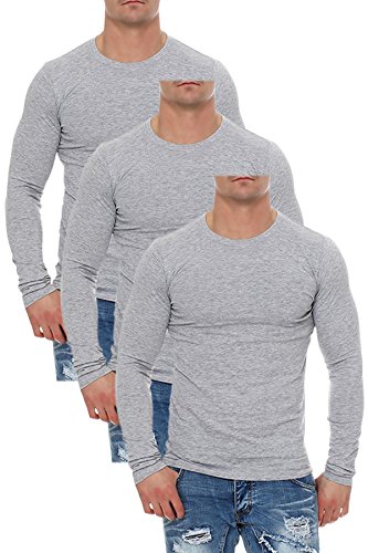 Mivaro Herren Langarmshirts mit Rundhals-Ausschnitt, Longsleeves für Sport und Freizeit, 3er Pack, Größe:3XL, Farbe:Grau meliert von Mivaro