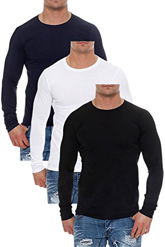 Mivaro Herren Langarmshirts mit Rundhals-Ausschnitt, Longsleeves für Sport und Freizeit, 3er Pack, Größe:3XL, Farbe:Schwarz/Dunkelblau/Weiß von Mivaro