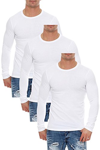 Mivaro Herren Langarmshirts mit Rundhals-Ausschnitt, Longsleeves für Sport und Freizeit, 3er Pack, Größe:3XL, Farbe:Weiß von Mivaro