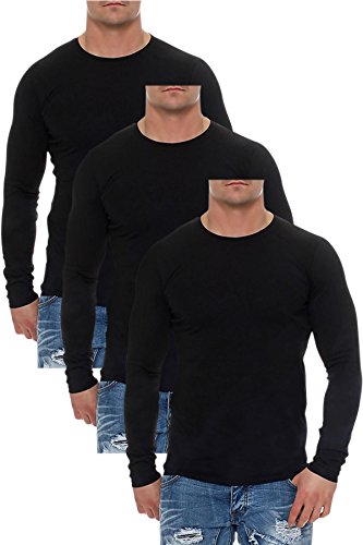 Mivaro Herren Langarmshirts mit Rundhals-Ausschnitt, Longsleeves für Sport und Freizeit, 3er Pack, Größe:5XL, Farbe:Schwarz von Mivaro