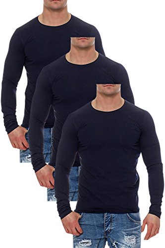 Mivaro Herren Langarmshirts mit Rundhals-Ausschnitt, Longsleeves für Sport und Freizeit, 3er Pack, Größe:S, Farbe:Dunkelblau von Mivaro