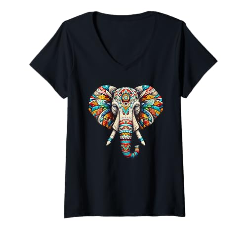 Damen Bunter Elefant – Mandala Kunstwerk T-Shirt mit V-Ausschnitt Damen Bunter Elefant – Mandala Kunstwerk T-Shirt mit V-Ausschnitt von Mix aus Kunststilen