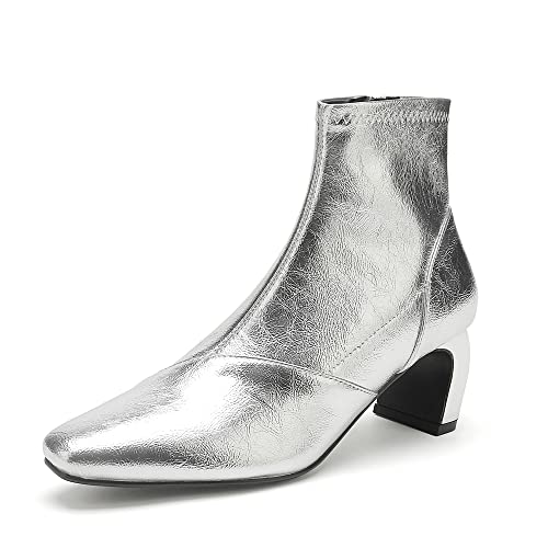 MixATB Damen-Stiefeletten, mittelhoher Absatz, metallisch, Rave, Gold, Silber, holografisch, glitzernd, Stiefeletten, Kleid, Damenschuhe, klobige Absätze für Frauen, silberfarben, 38 EU von MixATB