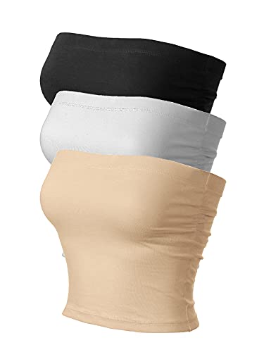 MixMatchy Damen Basic Casual Geraffte Seite Stretchy Tube Tops, 3er-Pack – Schwarz/Weiß/Khaki (geraffte Seite), Mittel von MixMatchy