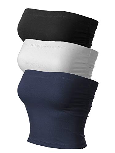 MixMatchy Damen Basic Casual Geraffte Seite Stretchy Tube Tops, 3er-Pack – Schwarz/Weiß/Marineblau (Geraffte Seite), Klein von MixMatchy