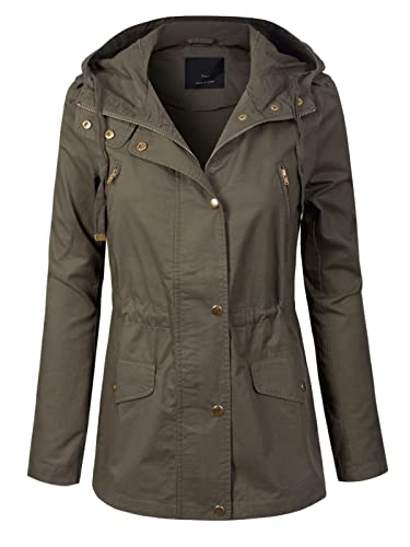 MixMatchy Damen Basic Military Anorak Jacke Reißverschluss Druckknopf Kapuze Parka Safari Utility Mantel mit Tasche, A Olive, 1X von MixMatchy