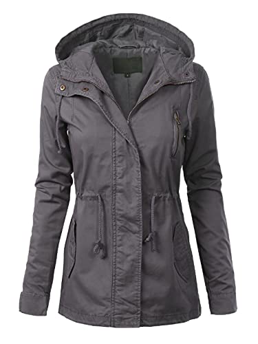 MixMatchy Damen Basic Military Anorak Jacke Reißverschluss Druckknopf Kapuze Parka Safari Utility Mantel mit Tasche, Grau (Ash Grey), 1X von MixMatchy